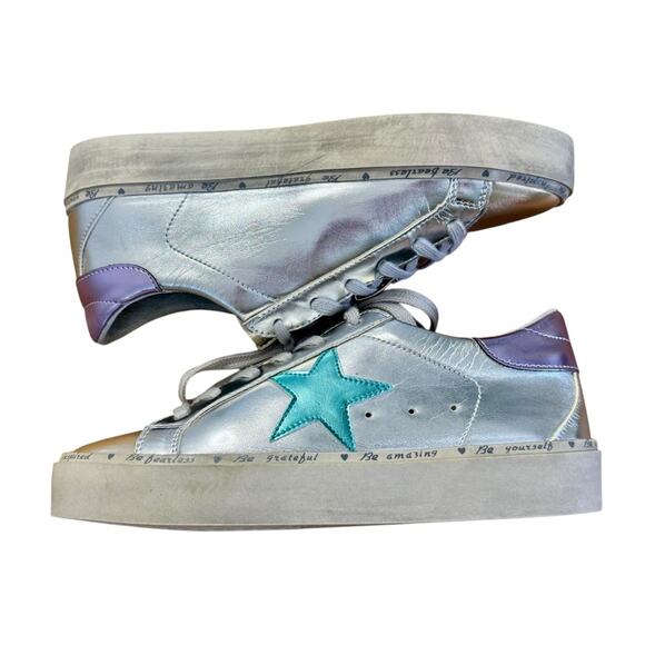 SHU SHOP Petula Platform Sneakers Metallic Silver Gold Stars Vegan Leather Sz 8 - Picture 9 of 13